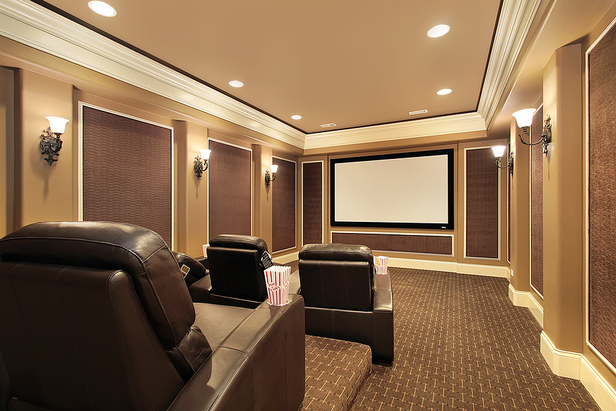 home theater in luxury house with large tv screen